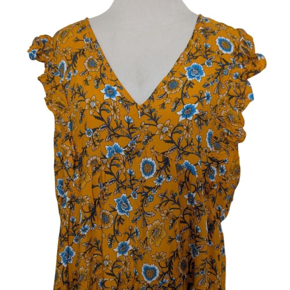 Umgee Floral Dress Womens Size Large Yellow Flutter Sleeve Contrast Hem Pullover - Picture 2 of 10
